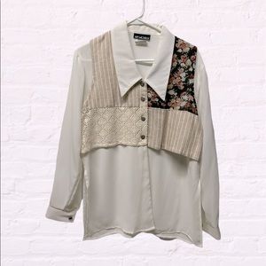 Vintage My Michelle beige patchwork mix prints blouse  popover sheer small